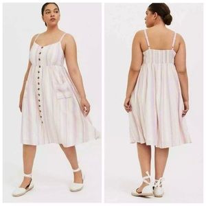 Torrid Linen Blend Pastel Stripe Button Front Smocked Midi Dress Pockets Size 5X
